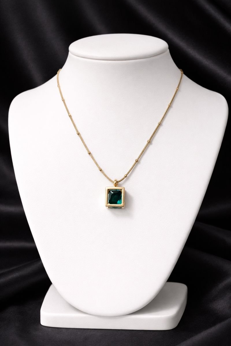 Emerald Cube Pendant Anti Tarnish Necklace