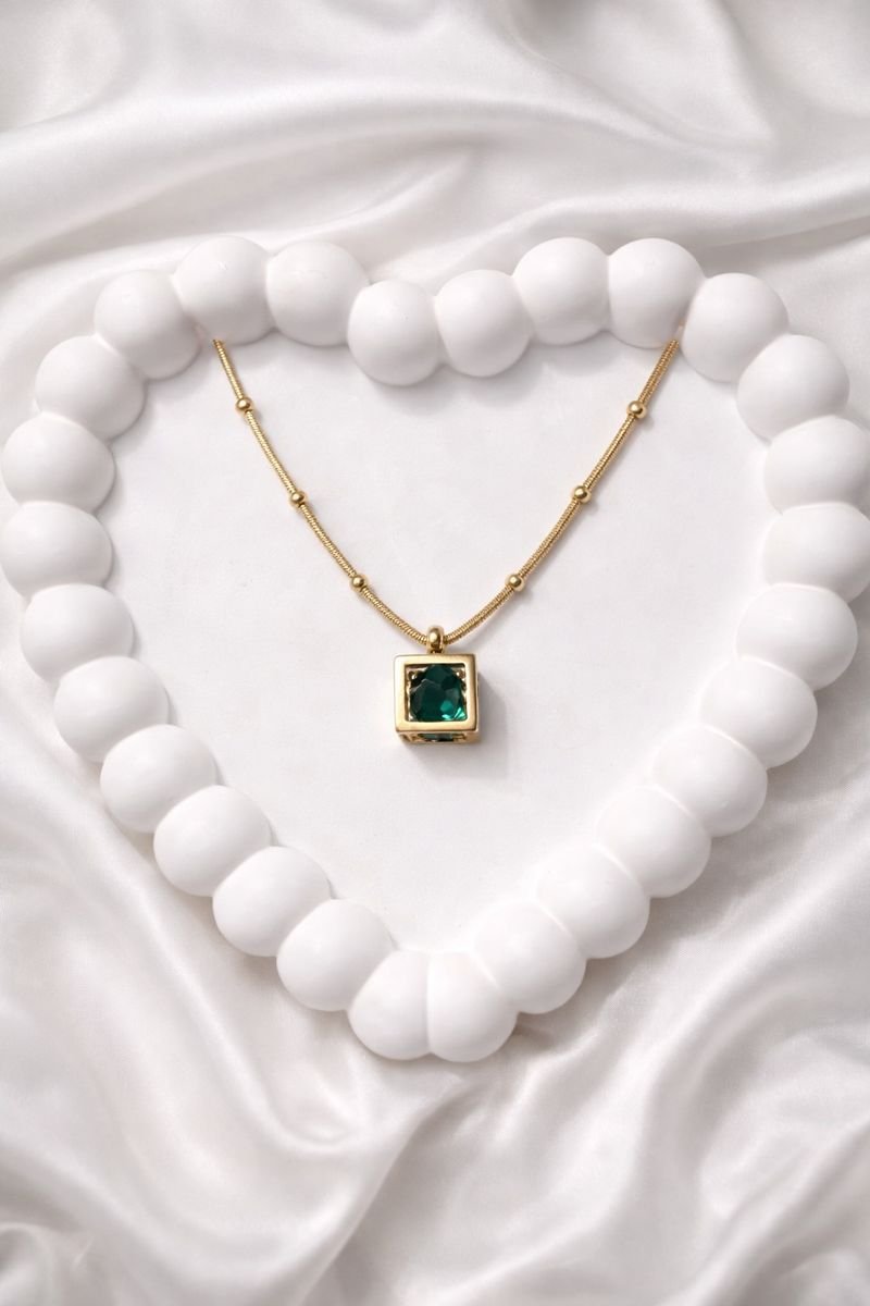 Emerald Cube Pendant Anti Tarnish Necklace