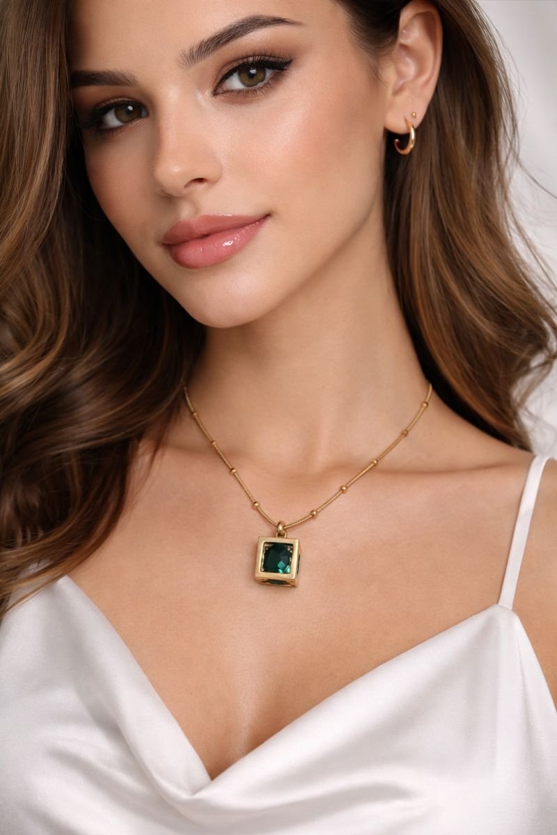 Emerald Cube Pendant Anti Tarnish Necklace